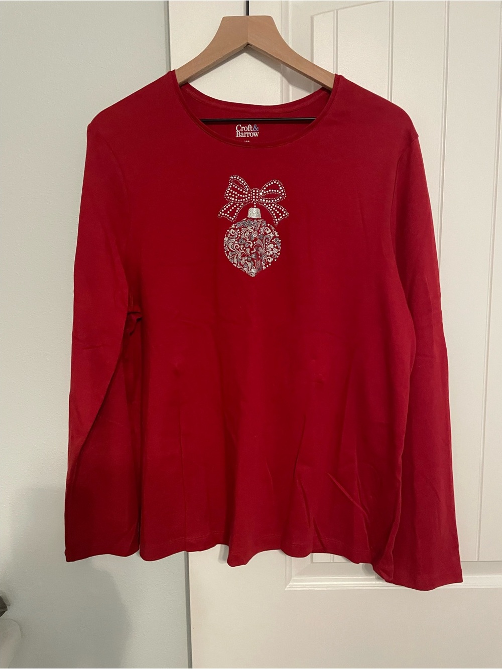 croft & barrow Red Long-Sleeve Top with Embellished Ornament